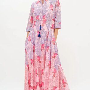 Oliphant Dunmore Maxi Cinched Floral Pink Embroidery Shirt Dress Size Small